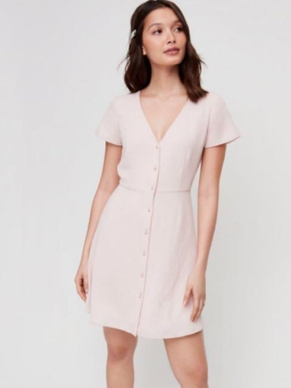 Aritzia Wilfred Nazaire Button Down Flutter Sleeve V-Neck Dress Rose Quartz Pink